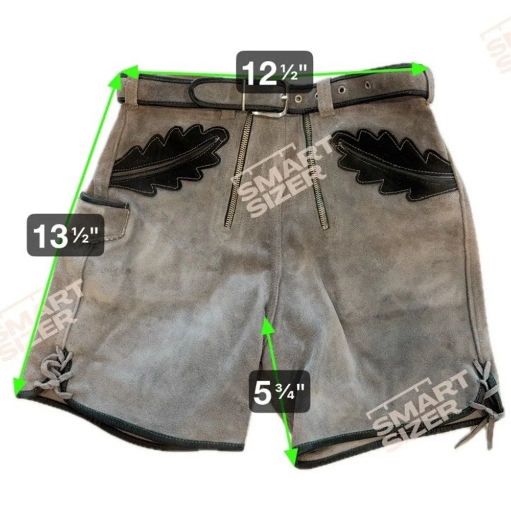 Vintage Grey Suede Lederhosen Shorts Black Leaf Applique Lace Up Alpine 25 Waist